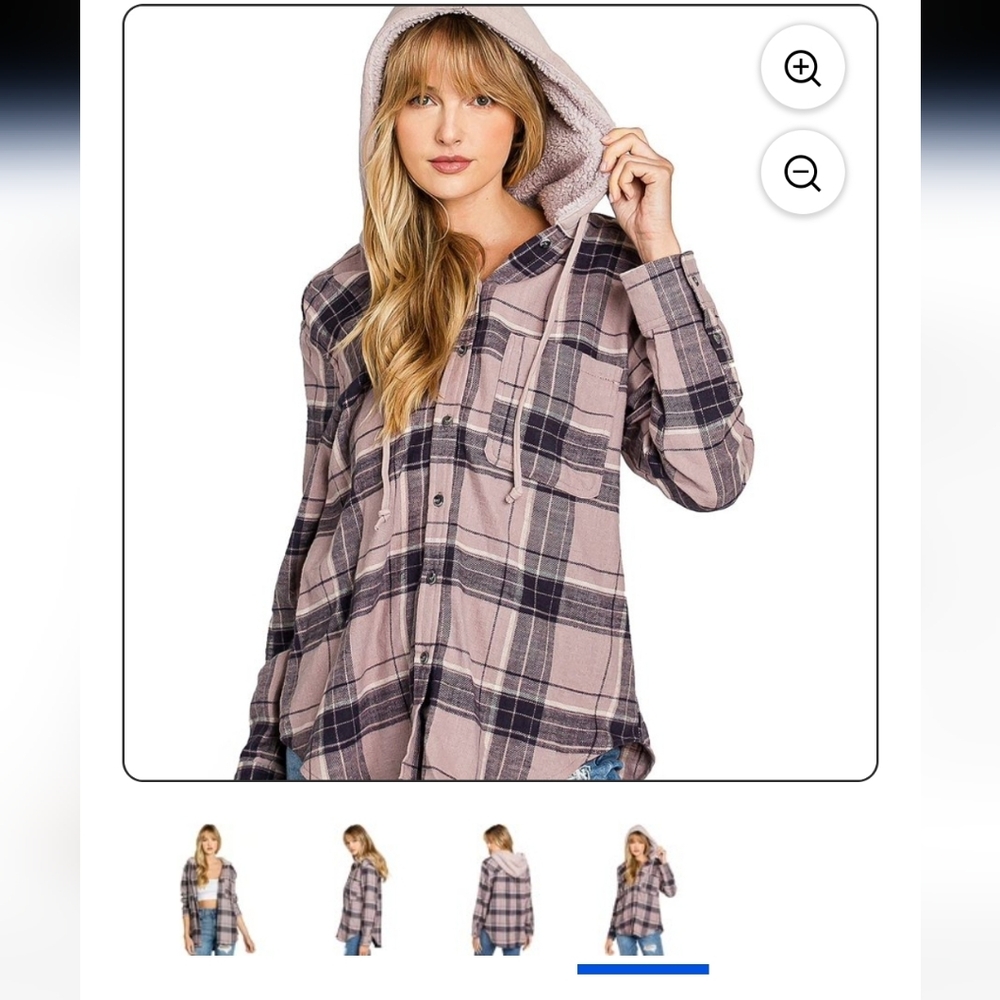 Perfect Vibe! Love Tree Women's Oversize Plaid Hooded Flannel- Mauve/Tan/Creme M